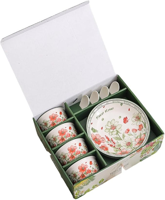 Premium Ceramic Dinnerware Set – Floral Bowls & Plates Set, Elegant Hand-Painted Design, Microwave Safe, Ideal for Wedding/Housewarming/Corporate Gifts (Blossoms, 4*bowls+spoons+plates)