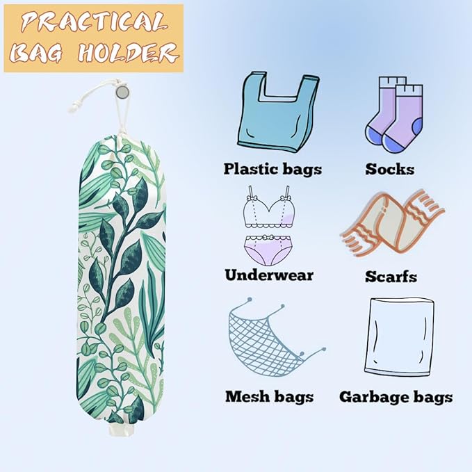 2PCS Seaweed Plastic Bag Holder, Wall Mount Grocery Bag Holder Plastic Storage bag, Botanical Rustic Kitchen Storage Organizer Grocery Bags with Drawstring, Gifts for Women Mom Grandma