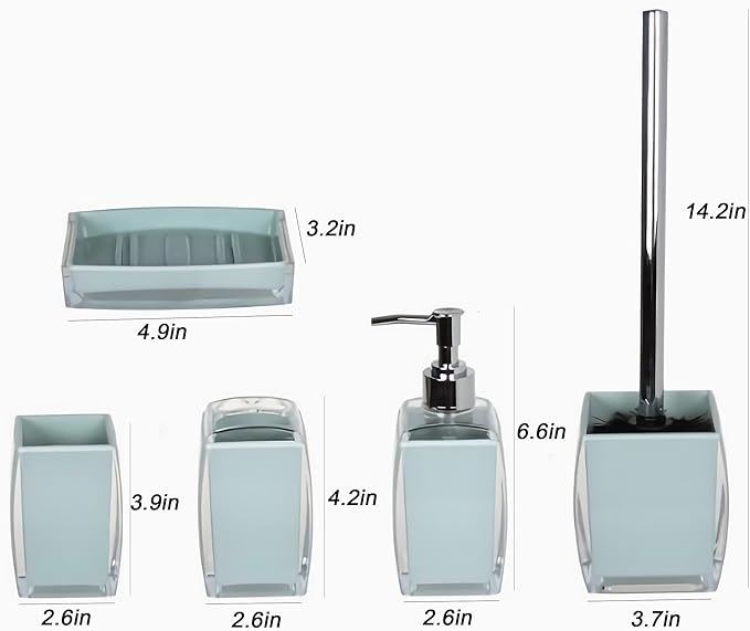 5 Pcs Blue Acrylic Bathroom Accessories Set Complete,Lotion/Soap Dispenser,Soap Dish,Toothbrush Holder,Tumbler, Toilet Brush and Holder, Modern Bathroom Decor and Housewarming Gift Set, Blue