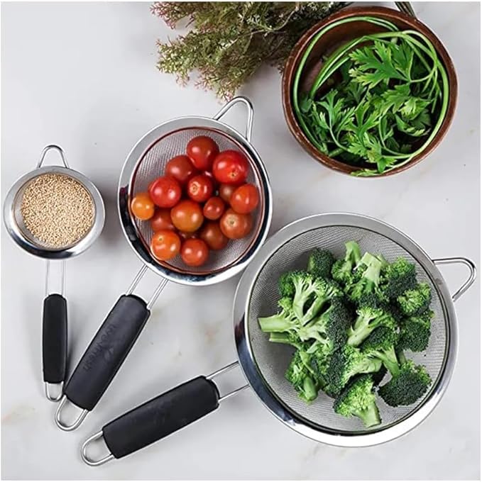 ELEEN Stainless Steel Strainer | Set of 3 Kitchen Strainers Available Sizes (S,M,L) | Perfect Strainers for Kitchen Use (Black Handle Pack of 3)