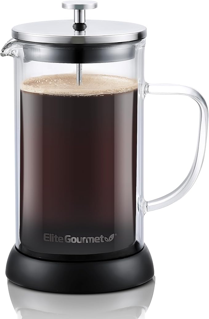 Elite Gourmet FP1223 1 Liter French Press Coffee Maker, Double Wall Insulated Borosilicate Glass Carafe, Dishwasher Safe Stainless Steel Filter/Plunger Assembly, Removable Silicone Base, Easy to Clean
