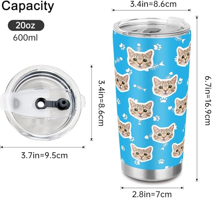 FunStudio Personalized Cat Face Tumbler with Pictures Kitty Pet Paw Custom Tumblers Coffee Travel Mug Cup Gift for Men Women, 20 Oz Insulated Stainless Steel