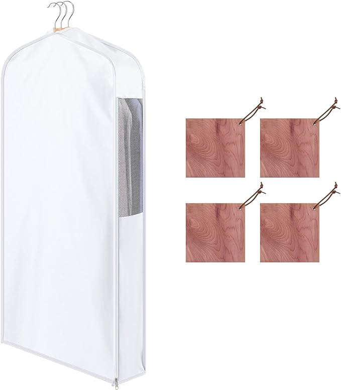 40" Cotton Garment Bag for Hanging and Storage Clothes with 4 Cedar Blocks for Fresh Smell and Moth Protection, Breathable Hanging Storage Bag for Suit Sweater Gown Fur Coat, 6'' Wide, White