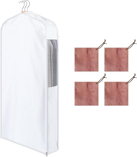 40" Cotton Garment Bag for Hanging and Storage Clothes with 4 Cedar Blocks for Fresh Smell and Moth Protection, Breathable Hanging Storage Bag for Suit Sweater Gown Fur Coat, 6'' Wide, White