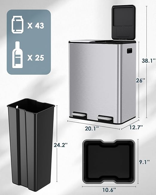Arlopu 16Gal Dual Trash Can w/2 Built-in Box for Odor Control, Hands-Free Kitchen Garbage Bin, Recycle Waste Dustbin, Soft-Close Lid, 2 Buckets,Foot Pedal, Side Handle, Airtight,for Home (Silver)