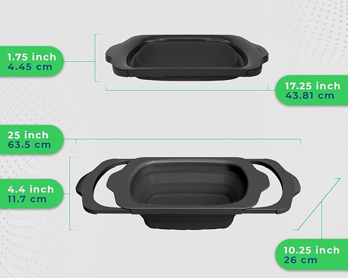 Over-the-Sink Colander with Handles – Sleek Plastic Black Kitchen Strainer for Pasta, Vegetables & Fruits – Space-Saving Design – 17.1 x 10.1 x 1.4 Inches