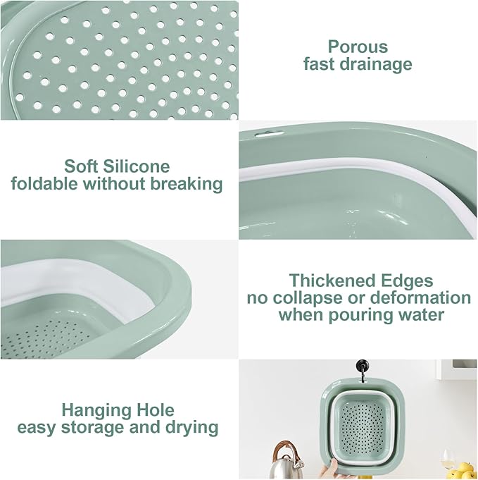 Collapsible Colander and Sink Basin Set 2 QT - 2 Pack Set Collapsible Strainer with Collapsible Wash Basin for Kitchen, RV Camping, Foldable Fruit Vegetable Washing Basket, 2 QT, Blue