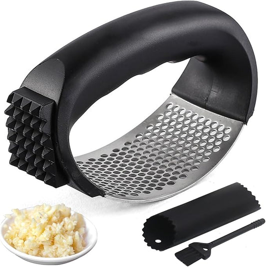 Upgraded Stainless Steel Garlic Press, Rocker Mincer Crusher Masher with Peeler and Cleaning Brush, Chopper for Kitchen Gadgets (C-BLACK)
