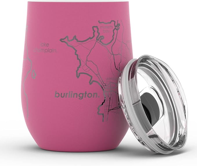 Well Told Engraved Burlington Vermont Map Insulated Wine Tumbler, Etched Stainless Steel Cup (12 oz, Sunset Pink) City Map Insulated Tumbler, Custom Insulated Tumbler, Outdoor Drinkware