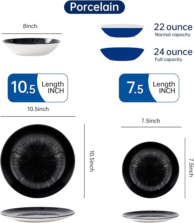 Bestone Porcelain Dinnerware Sets Service for 4, 12 pcs Hand drawn Plates and Bowls Sets, Handmade Ceramic Dish Set, Chip Resistant Modern Plate Set, Dishwasher/Microwave Safe，Black