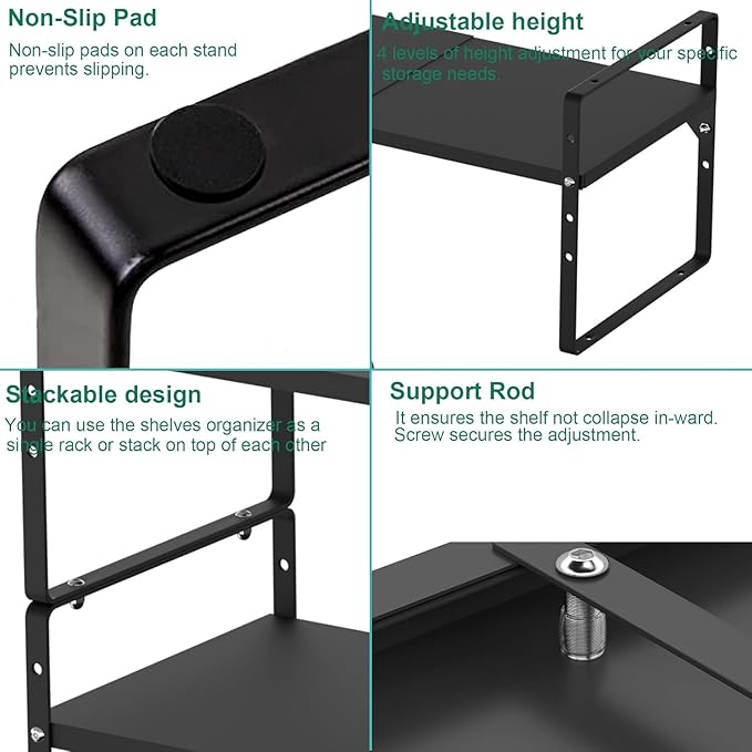 Redrubbit Expandable Cabinet Shelf Organizers, Stackable Kitchen Counter Shelves Spice Rack for Kitchen Bathroom Pantry Cupboard Desk Home Office, Metal Plate Heavy Duty Nonslip Black, Set of 2