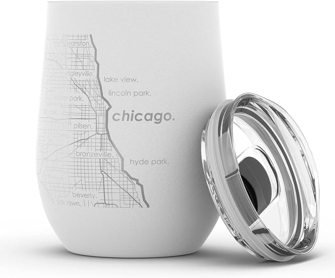 Well Told Engraved Chicago Illinois Map Insulated Wine Tumbler, Etched Stainless Steel Wine Tumbler (12 oz, White) City Map Insulated Tumbler, Custom Insulated Tumbler, Outdoor Drinkware