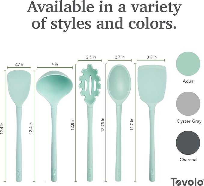 Tovolo Silicone Kitchen Utensils Set of 5 Solid Turner Spoon Pasta Claw Ladle and Scoopula Aqua Seafoam Green Silicone Cooking Utensil Set Dishwasher Safe Heat Resistant BPA Free Non Toxic Set