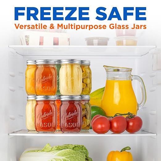 NutriChef 16-Pack 16 oz Mason Jars with Lids - Thick Glass Canning Jars with Stainless Steel Lids - Ideal for DIY Spices, Meal Prep, Overnight Oats, Jelly, Jam, Honey, Candles, Crafts, & More
