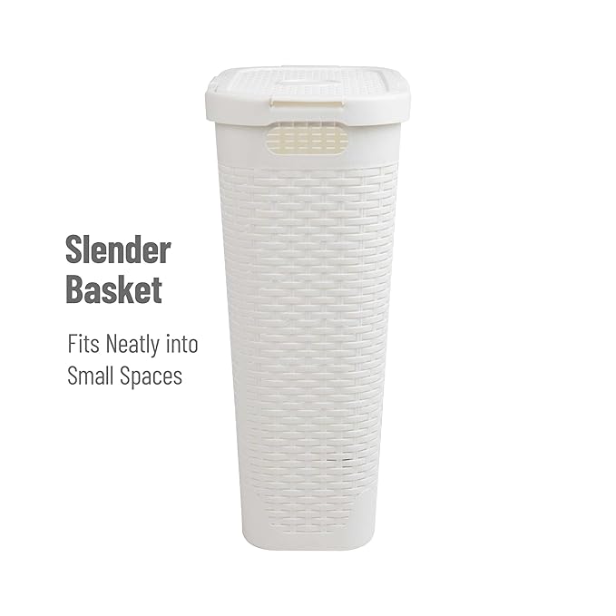 Mind Reader Slim Laundry Hamper with Lid, 40L Clothes Basket, Premium Wicker Design, Plastic, Set of 2, White