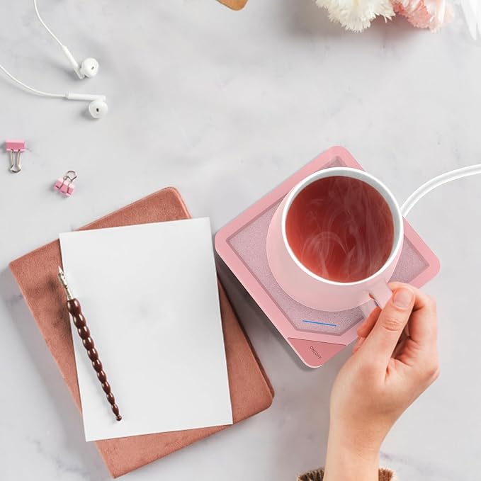 Coffee Mug Warmer Set: Coffee Warmer for Desk Auto Shut Off Candle Warmer Plate Electric Beverage Coffee Cup Warmer Heated Coffee Mug for Coffee,Tea, Milk Up to 131°F/55°C (Light Pink)