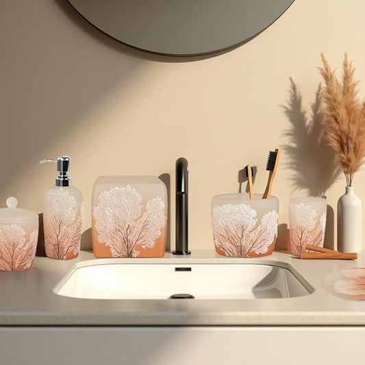Decozen Bathroom Accessories Set 6Pcs – Soap Dispenser, Toothbrush Holder, Tumbler, Soap Dish & Cotton Swab Jar – Modern Bathroom Decor, Bath Set for Christmas Decor, Carruthers