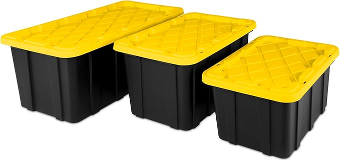 Sterilite 17 Gal Industrial Tote, Stackable Storage Bin with Snap-Fit Lid for Garage, Basement & Attic Storage, Black Base and Yellow Lily Lid, 6-Pack