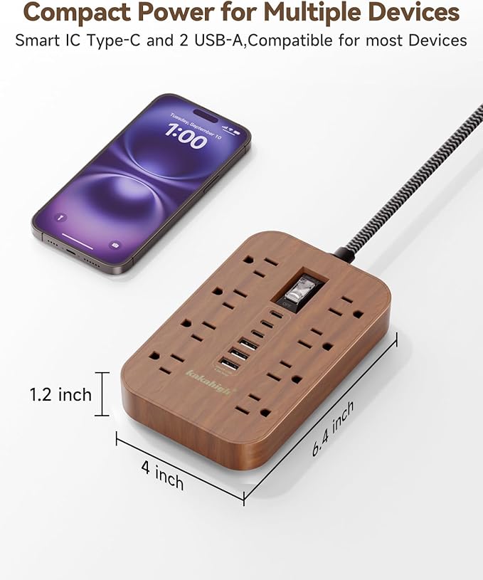 Walnut Power Strip with USB Ports - 10 FT Wood Power Strip, 1625W Decorative Extension Cord with 6 AC Outlet 3 USB, for Brown Tan Wood Walnut Grain Aesthetic Vintage Rustic Desk Accessories Decor