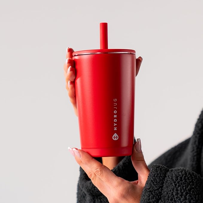 HydroJug Everyday Tumbler 14 oz – Ceramic-Lined Insulated Tumbler with Straw and Soft-Touch Lid, Cup Holder Friendly, Double-Wall Vacuum Insulation, Reusable Travel Cup – Alumni Red