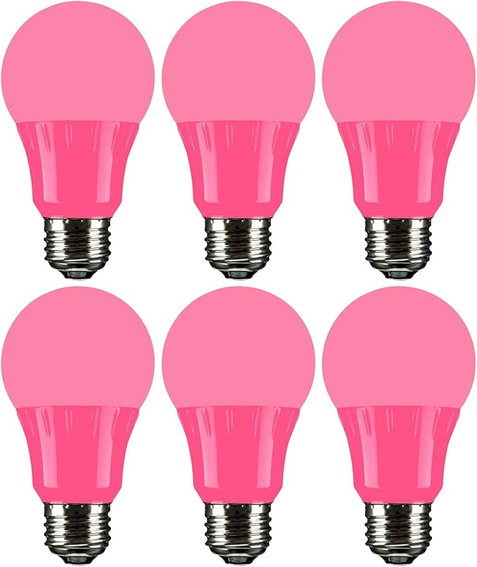 Sunlite 40473 LED A19 Colored Light Bulb, 3 Watts (25w Equivalent), E26 Medium Base, Non-Dimmable, UL Listed, Party Decoration, Holiday Lighting, 6 Count, Pink