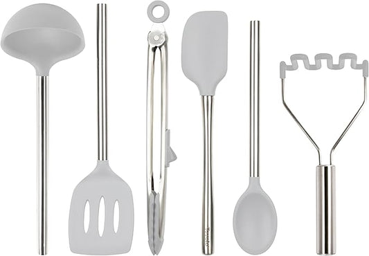 Tovolo Silicone Cooking Utensil Set of 6 Oyster Gray Ladle Slotted Turner Tongs Flex Core Spatula Scraper Mixing Spoon and Potato Masher, Dishwasher Safe Non Toxic BPA Free Silicone Kitchen Utensils