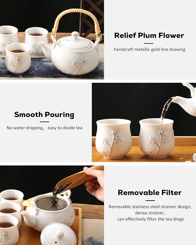 Dujust Japanese Tea Set, White Porcelain Tea Set with 1 Teapot Set, 6 Tea Cups, 1 Tea Tray, 1 Stainless Infuser, Cute Asian Tea Sets for Adults/Tea Lover/Women/Men (Plum in Golden)