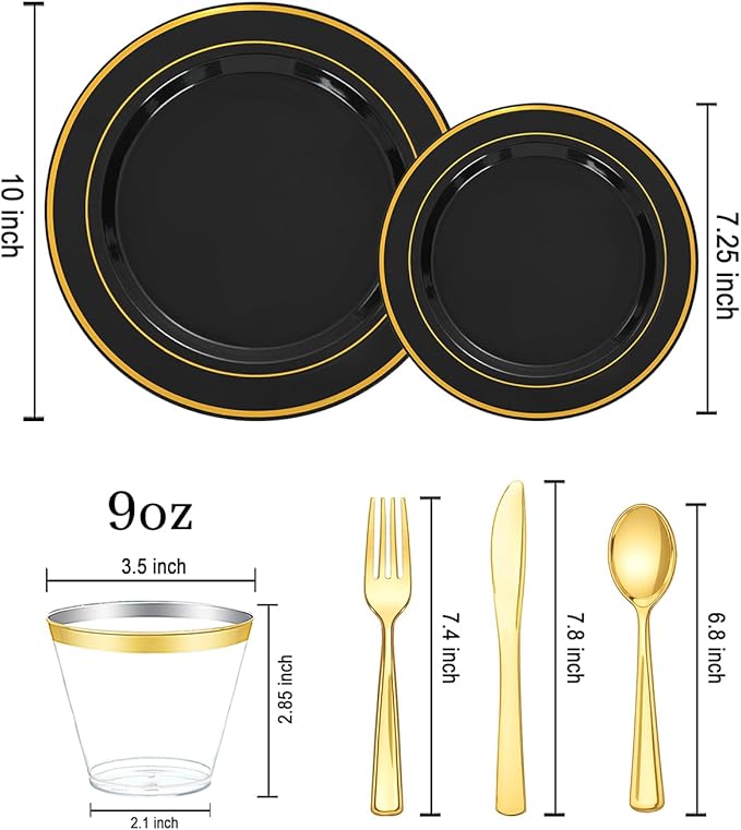 bUCLA 300PCS Black and Gold Disposable Dinnerware Set - 50 Guests Black Plastic Plates with Gold Rim Include 50 Dinner / 50 Dessert Plates, 50 Forks,50 Knives,50 Spoons&50 Cups for Party&New Year