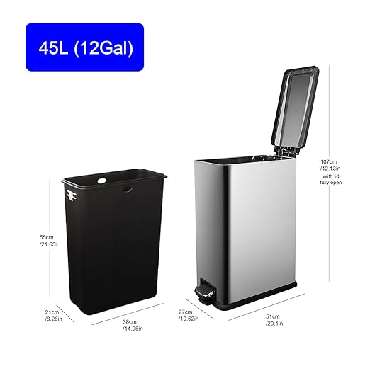 12 Gallon Trash Can, Stainless Steel Trash Can with Fingerprint-Resistant, Removal Inner Buck &Soft Close Plastic Lid, Step Garbage Can for Kitchen and Office, 45 Liter Capacity