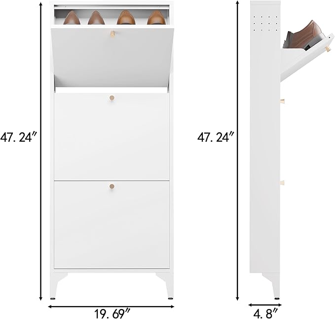 Shoe Cabinet with 3 Flip Drawers, 19" W Narrow Shoe Storage Cabinet, Farmhouse Shoe Organizer, Freestanding Organizer with Metal Legs for Entryway, Foyer (Narrow 3-Door, White)
