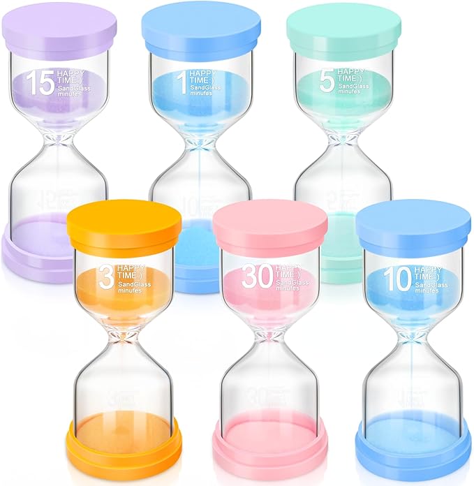 Sand Timer, 6 Colors Hourglass Sand Timers 1/3/5/10/15/30 Minutes Colorful Sandglass Timer Sand Clock Timer for Classroom Games Home Office Decor Cooking with Protective Cover, 6 Pack
