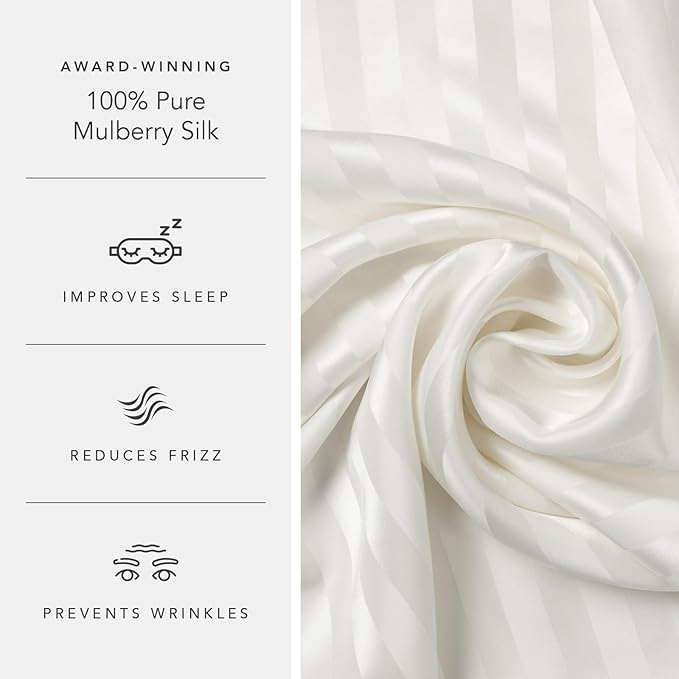 Fishers Finery 30mm 100% Pure Mulberry Silk Pillowcase, Quality Tested (White Stripe, Standard)