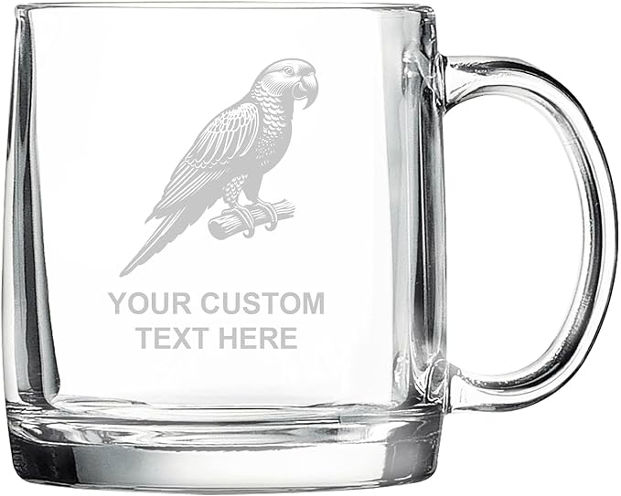 Parrot, Personalized 12.5 oz Polar Camel Glass Coffee Desk Mug – Custom Laser Engraved Clear Cup for Tea, Espresso, Latte, Whiskey - Microwave Safe/Made in USA