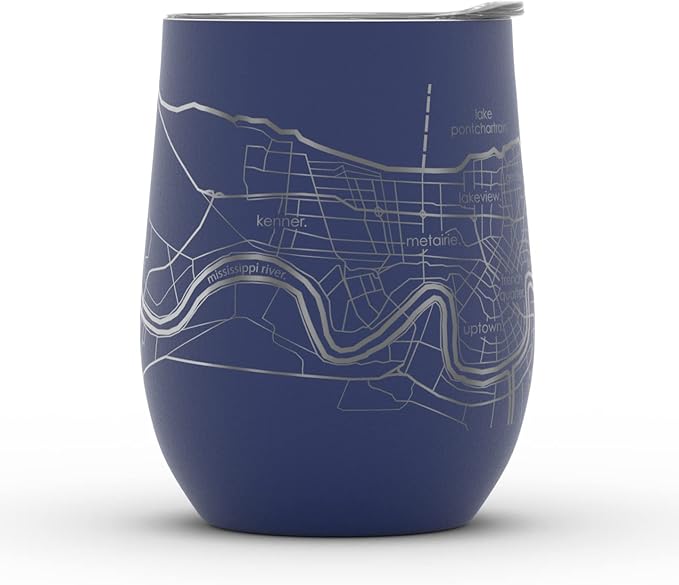 Well Told Engraved New Orleans Louisiana Map Insulated Wine Tumbler, Etched Stainless Steel Cup (12 oz, Midnight Blue) City Map Insulated Tumbler, Custom Insulated Tumbler, Outdoor Drinkware