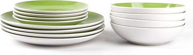 Stoneware Coupe Shape 12pc Dinnerware Set, Outside White + Inside Bamboo
