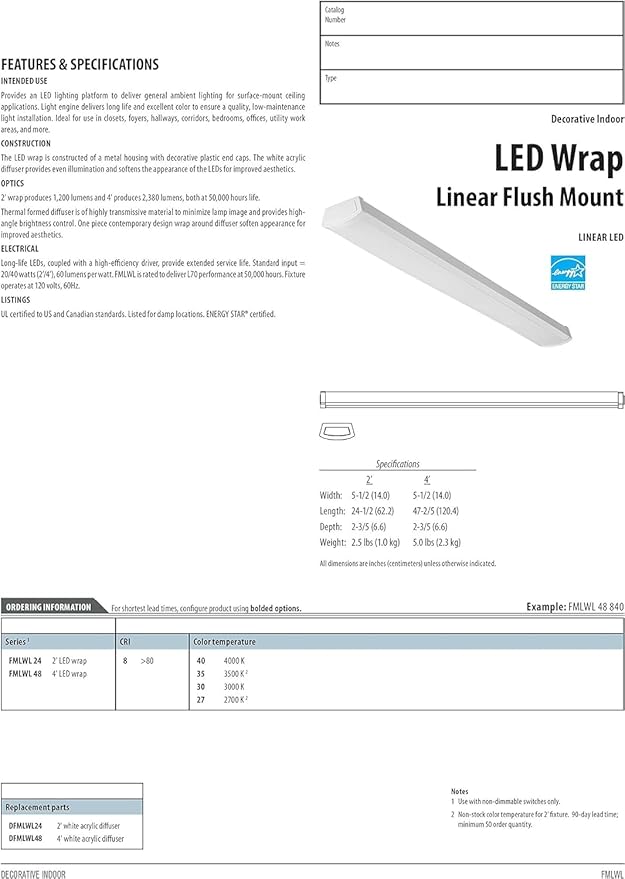 Lithonia Lighting 4 Foot LED Light Fixture, Low-Profile LED Wraparound Flush Mount Ceiling Light, 2700K Soft White, 120V, 48-Inch (FMLWL 48 827)
