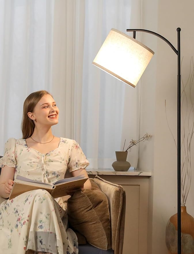 Ambimall 60" Floor Lamps for Living Room with 3 Color Temperatures, Standing Lamp Tall with Adjustable Linen Shade, Tall Lamps for Living Room Bedroom Office Classroom Dorm Room, 9W Bulb Included