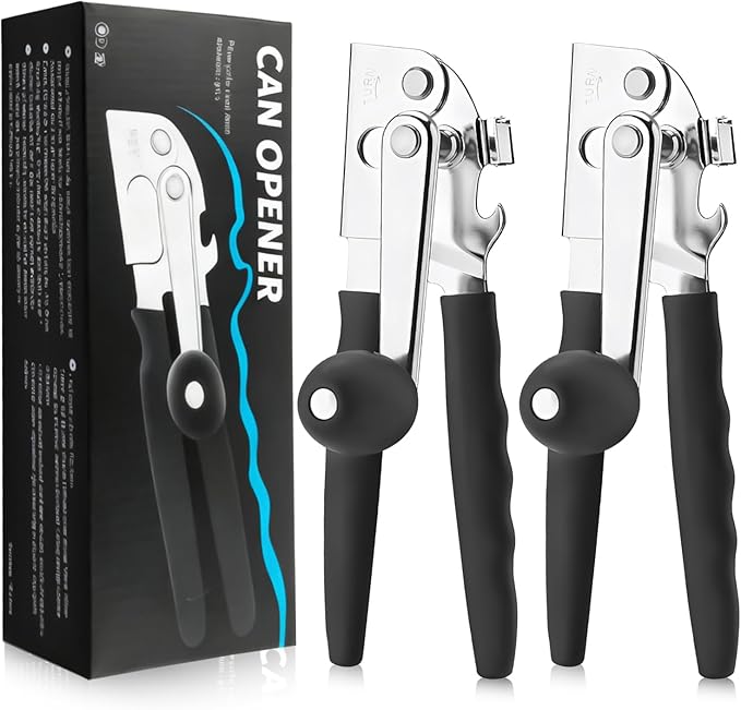 2Pcs Commercial Can Opener Stainless Steel Handheld Can Opener Smooth Edge with Easy Crank Handle Black Swing Grips for Bulk Cans and All Size Cans