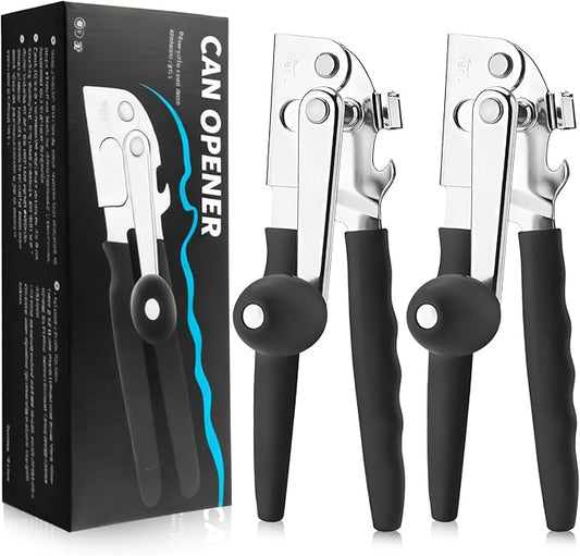 2Pcs Commercial Can Opener Stainless Steel Handheld Can Opener Smooth Edge with Easy Crank Handle Black Swing Grips for Bulk Cans and All Size Cans