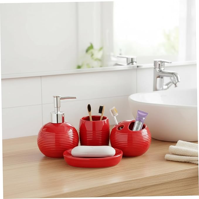 4Pcs Red Bathroom Accessories Set, Modern Ceramic Soap Dispenser, Toothbrush Holder, Tumbler and Soap Dish for Home and Apartment