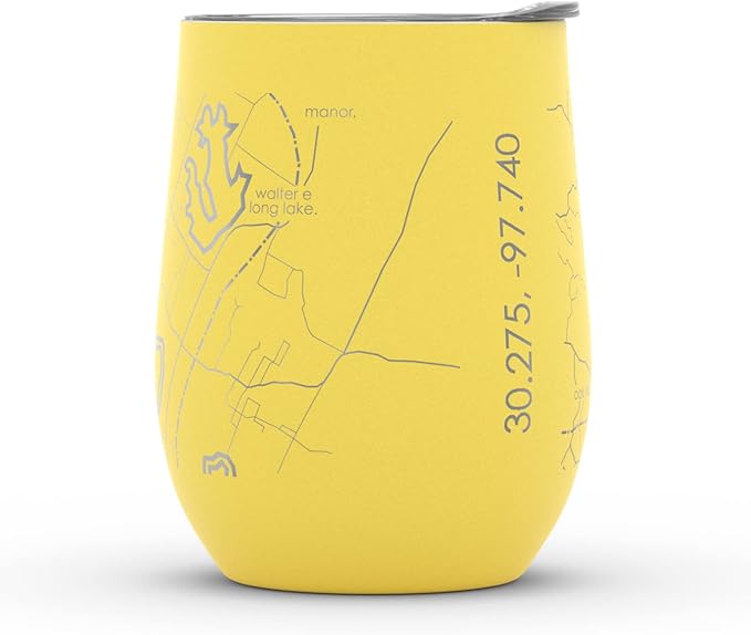 Well Told Engraved Austin Texas Map Insulated Wine Tumbler, Etched Stainless Steel Cup (12 oz, Sunrise Yellow) City Map Insulated Tumbler, Custom Insulated Tumbler, Outdoor Drinkware