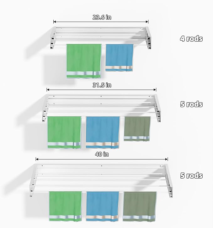 Laundry Drying Rack Collapsible, Wall Mounted Clothes, Retractable Wall Drying Rack, 24" Wide, 4 Aluminum Rods, Max 60 lb Capacity (White, 23.6'')