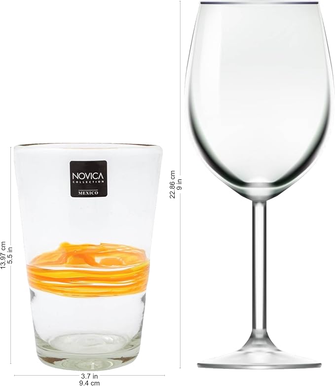 NOVICA Artisan Crafted Yellow Clear Hand Blown Recycled Glass Juice Glasses, 15 Oz. 'Ribbon Of Sunshine' (Set Of 6)