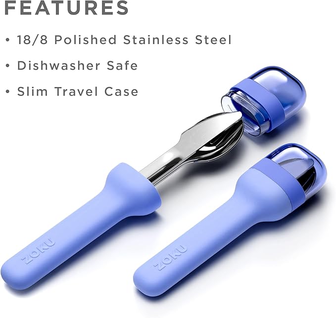 ZOKU Pocket Utensil Set, Blue - Stainless Steel Fork, Knife, and Spoon Nest in Case - Portable Design for Travel, School, Work, Picnics, Camping and Outdoor Home Use