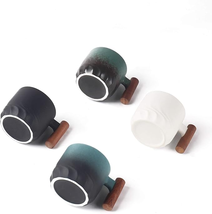 Porcelain Espresso Cups Set of 2, Small Tea Cups, 2 oz Ceramic Espresso Cups with Wooden Handle