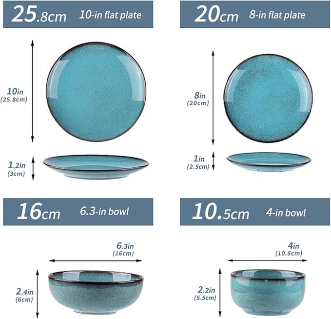 24 Piece Dinnerware Sets for 6， Scratch Resistant,microwave oven and Dishwasher Safe Plates and Bowls Sets Ceramic, Dish Set, Bowl and Plate Set -Kiln turned sea blue