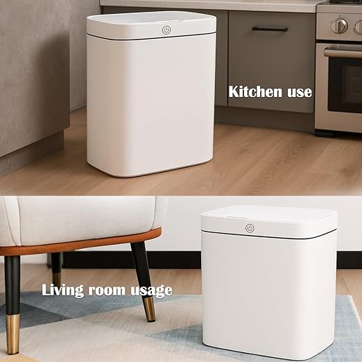 4 Gallon Automatic Sensor Trash Can - Smart Touchless Garbage Bin with Lid, Plastic Waterproof Material for Bathroom, Office, Kitchen, Bedroom (10.63 x 7.17 x 12.13 inches) White