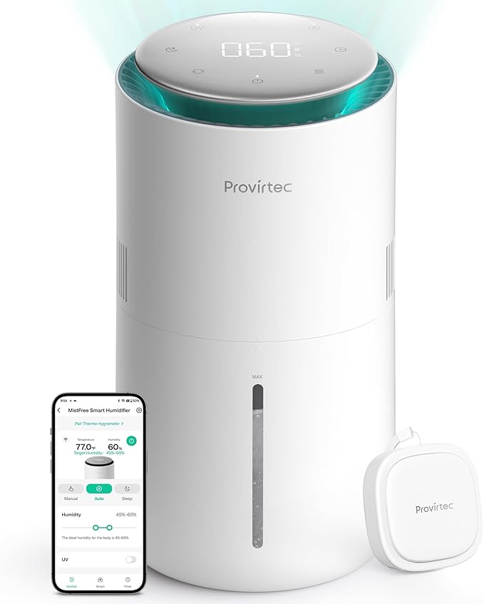 MistFree Smart Humidifier for Bedroom, Evaporative Humidifier No White Dust, Auto Humidity & APP Control, 3L Water Tank Easy to Clean, Sleep Mode, Timing, Humidifiers for Home/Office(White)