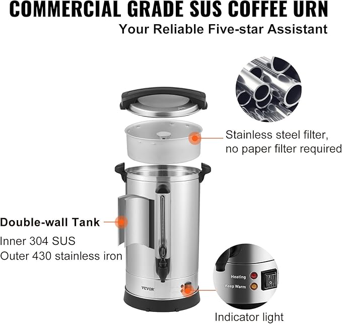 VEVOR Commercial Coffee Urn, 65Cups/9.75L Stainless Steel Large Coffee Dispenser, 1500W 110V Electric Coffee Maker Urn For Quick Brewing, Hot Water Urn with Water Gauge for Easy Viewing