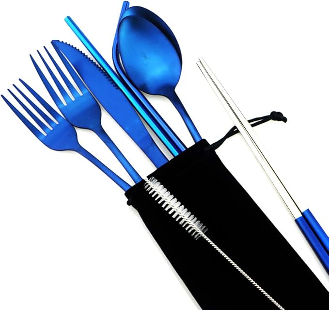 Blue Reusable Utensils with Case Camping Travel Silverware Set,Portable Stainless Steel Cutlery Set - Matte Flatware Set Knife Fork Spoon Mirror Straws Chopsticks - for Office Lunch, Hiking, School